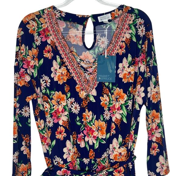 MARKET & SPRUCE Floral Romper 3/4 Sleeve V-Neck Tie Waist Blue Mutli Size L NWT - Picture 2 of 11